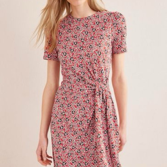 NWT - Boden Knot Front Tencel Jersey Dress - Red Floral - Size 8L - Picture 2 of 11